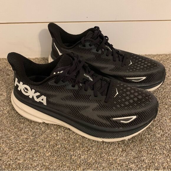 HOKA one one Clifton 9 running sneakers black white 11B woman’s unisex walking - Picture 1 of 13